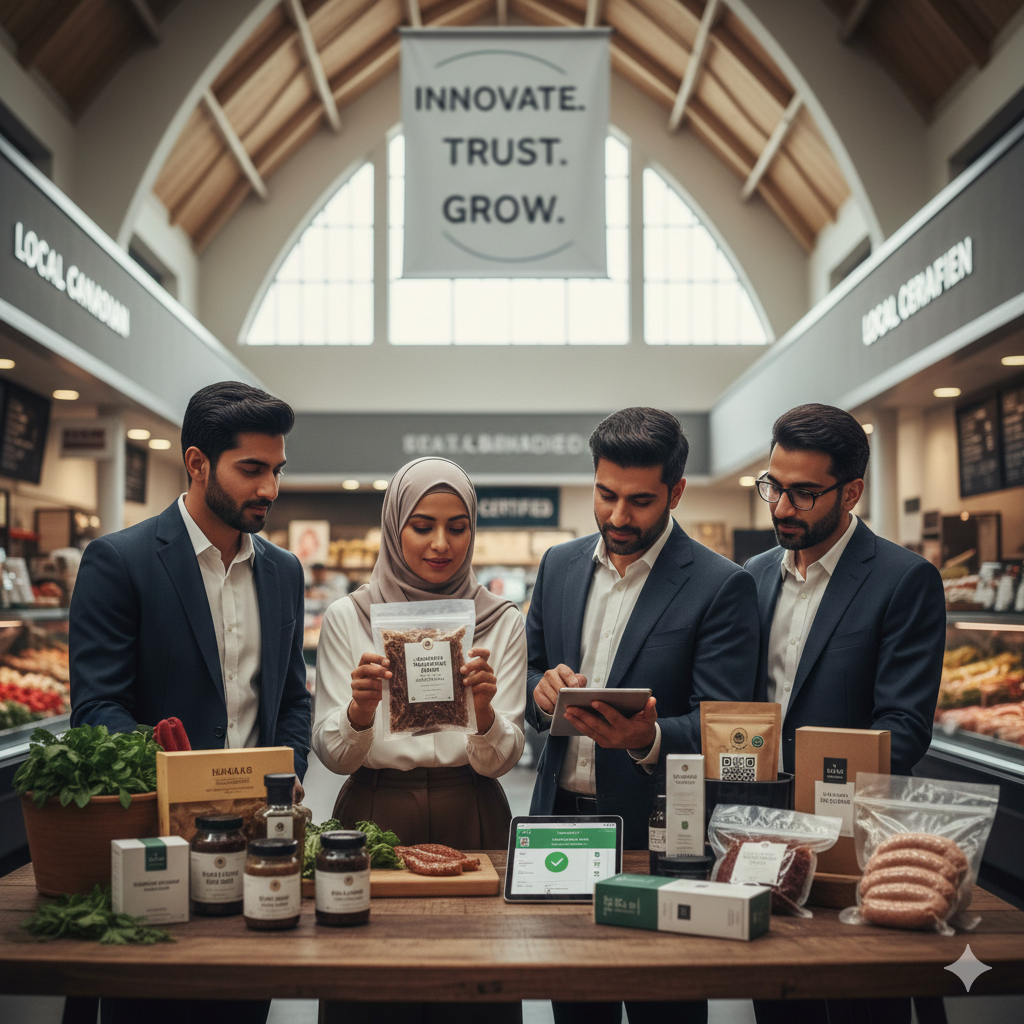 A modern food market display with Canadian produce, symbolizing ethical sourcing.