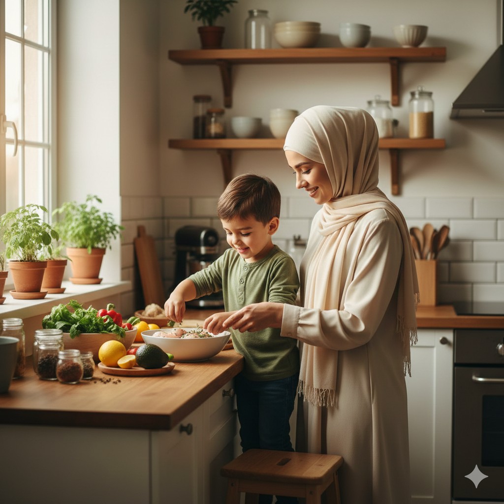 Parent and child reading a food label.