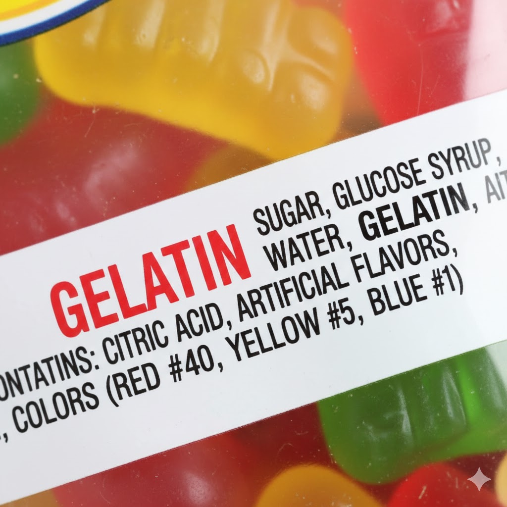 Close-up of a food label with the word 'Gelatin' highlighted in red.